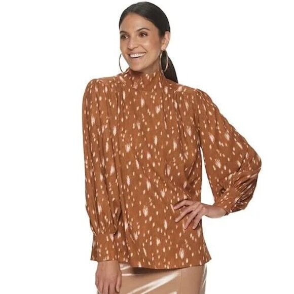 Cara Santana with Apt 9 Camel Abstract Artsy Shirred Mock Neck Blouse - Picture 1 of 9